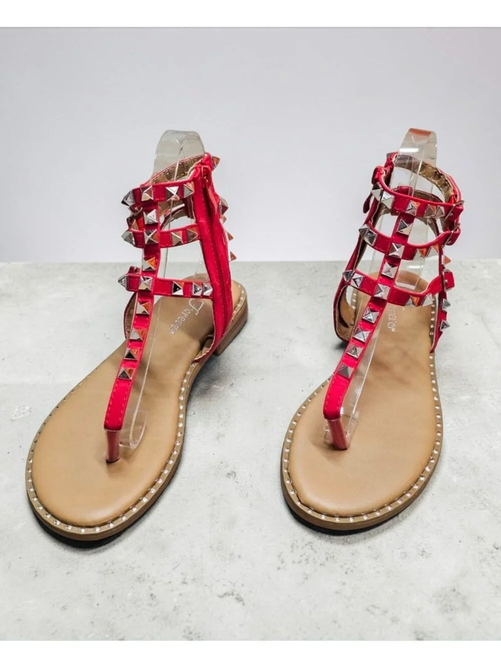 Red Gladiator Sandals With Studded Straps & Side Zipper For Women Flat Sole Comf